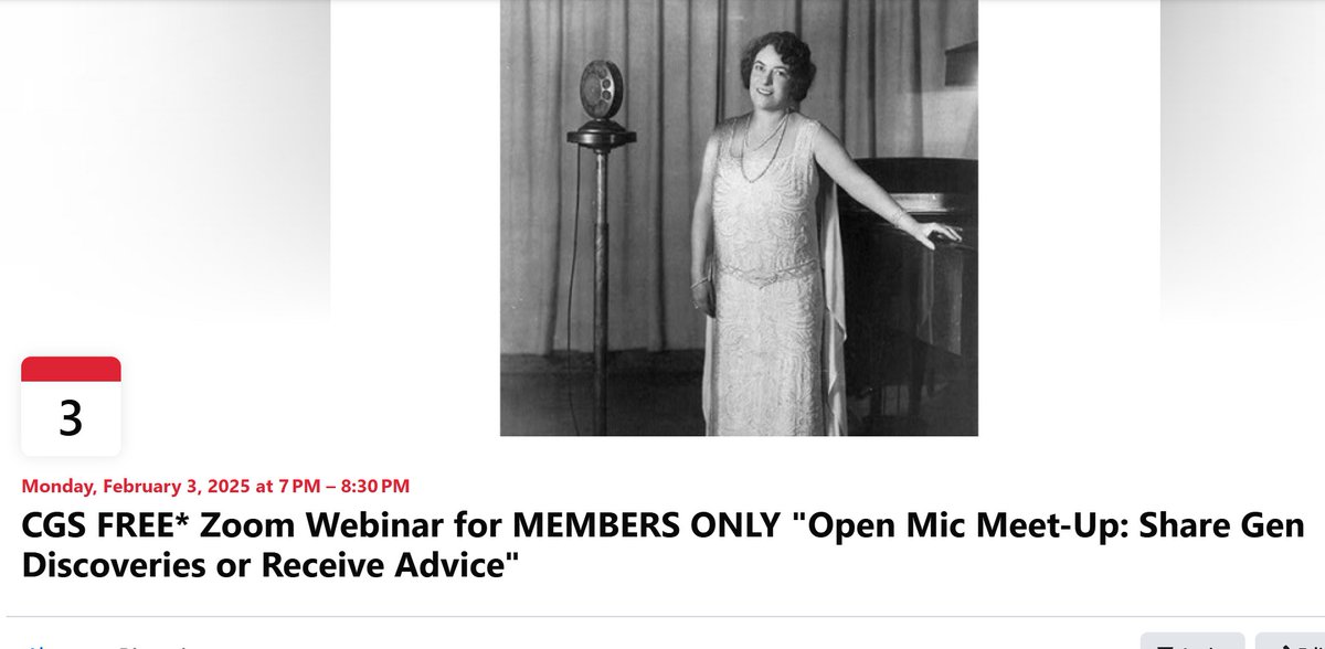 CGS Free Zoom Webinar for MEMBERS ONLY "Open Mic Meet-Up: Share Genealogy Discoveries or Receive Advice," Feb.3, 2025 from 7:00-8:30p central. Registration is reqd. chicagogenealogy.org/event-5815423 Not yet a CGS Member? We’d love for you to join us! #ChicagoGenSoc chicagogenealogy.org/Join-us