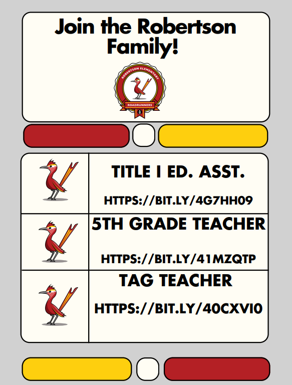 <a href="/RobertsonElem/">Vic Robertson Elementary</a> is the place to be!  Apply today!  <a href="/RoundRockISD/">Round Rock ISD</a> <a href="/RRISD_HRS/">Round Rock ISD HRS</a> 
❤️ 💛 ❤️ 💛