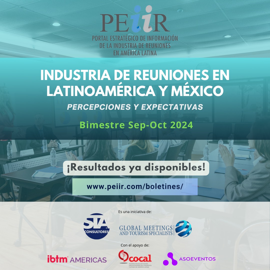 Resultados de la última medición del PEiiR sobre la actividad de la Industria de Reuniones en México y  Latam para el periodo Sep-Oct 2024. Se refleja una mejora en la actividad en toda la región. Consulta el documento completo en: bit.ly/4g7lMN7