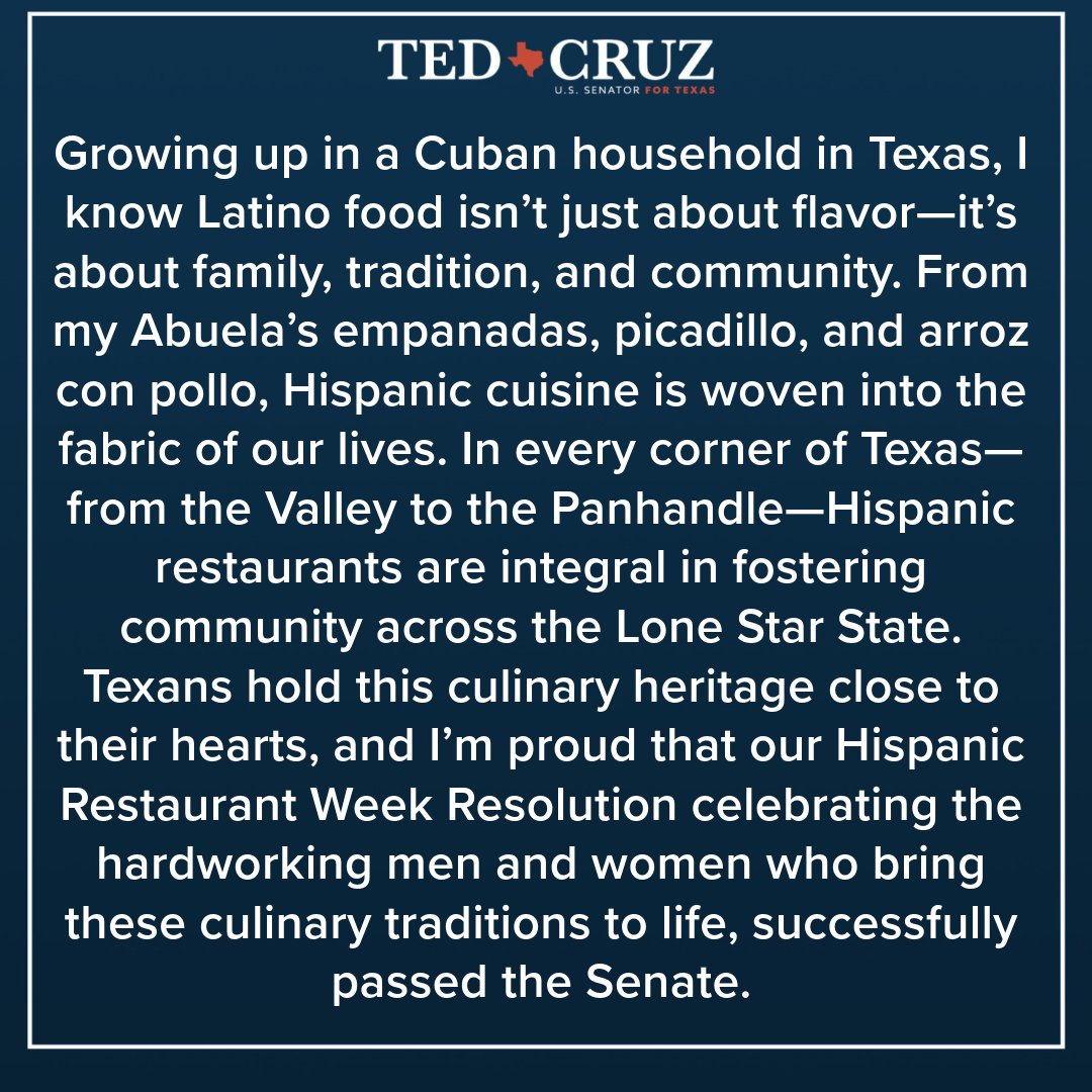 SenTedCruz's tweet photo. RELEASE: Sens. Cruz, Bennett, Cornyn, Hickenlooper, Colleagues Pass Resolution Celebrating Hispanic Restaurant Industry

https://t.co/874YSUqCCR https://t.co/2866E6JFrm