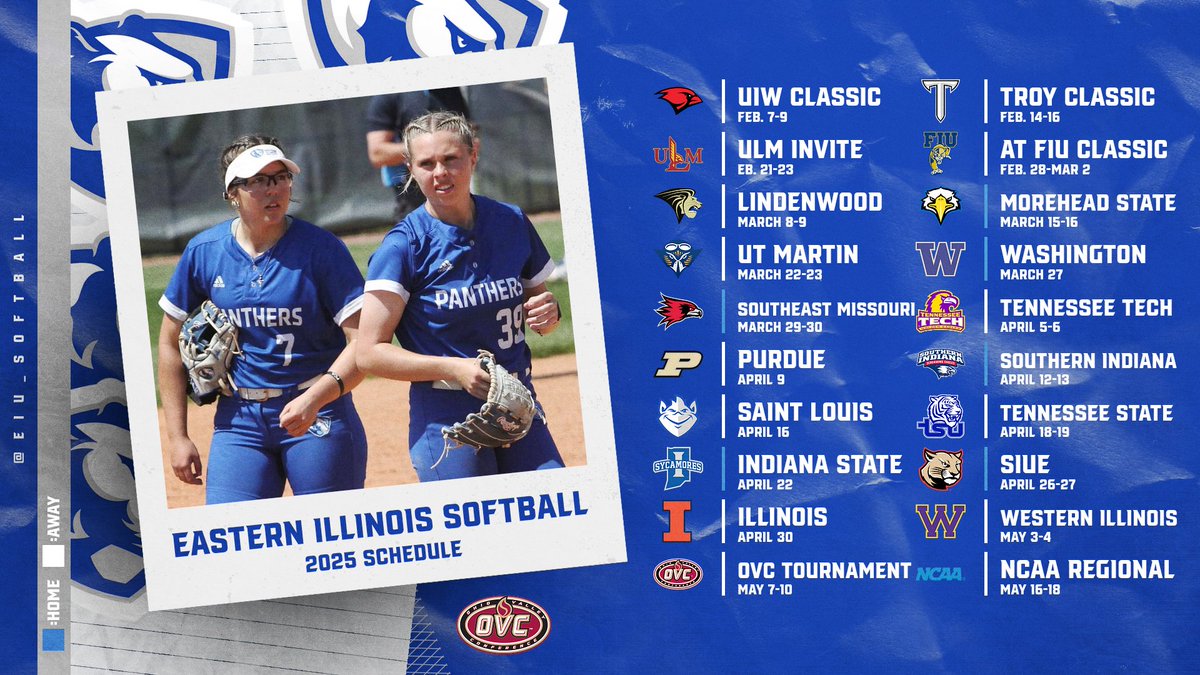 The <a href="/EIU_Softball/">Eastern Illinois Softball</a> team released its 2025 schedule which opens in San Antonio, Texas on Feb. 7

Panthers open OVC play on March 8
Home opener March 15
Home Date with Washington on March 27
OVC Tournament in Peoria on May 7

Schedule Release🥎🗓️👀⬇️
eiupanthers.com/news/2024/12/1…