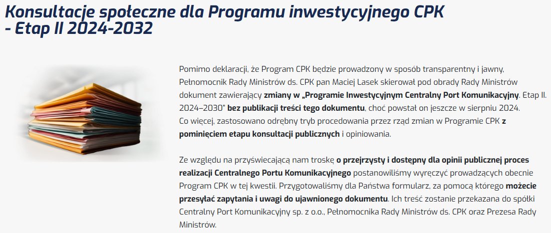 ‼️ CPK: Konsultacje społeczne‼️

<a href="/LasekMaciej/">Maciej Lasek</a> skierował na obrady rządu aktualizację Programu Inwestycyjnego CPK z pominięciem etapu konsultacji społ.

Wyręczmy zatem Pana Ministra. Prześlijcie nam swoje uwagi. Przekażemy je w formie zbiorczej do KPRM💪

NIC O NAS BEZ NAS🛑