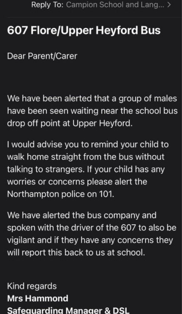 🚨 YOUR CHILDREN AREN’T SAFE!

This is an email sent out by the school Safeguarding  Manager WARNING parents and the driver of the 607 bus to be vigilant after “groups of males”  have been seen loitering around the school drop off point In Flore.

There is a Holiday inn housing