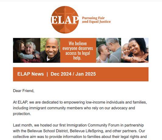 Happy Friday!

Catch up on the latest news from ELAP in our most recent e-newsletter. 

Learn about what we are planning in 2025 to support our immigrant community and make sure people know their legal rights. 

Read it here: tinyurl.com/elapdecnews