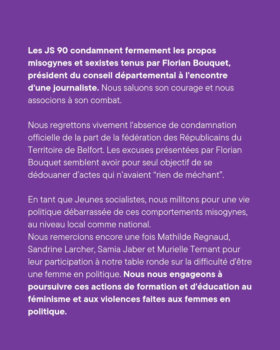 ⚠️ Propos sexistes de Florian Bouquet, président du Conseil Départemental du Territoire de Belfort !

✊Nous apportons notre soutien à la journaliste visée par ces propos en pleine conférence de presse et nous rappelons notre engagement face aux violences sexistes et sexuelles