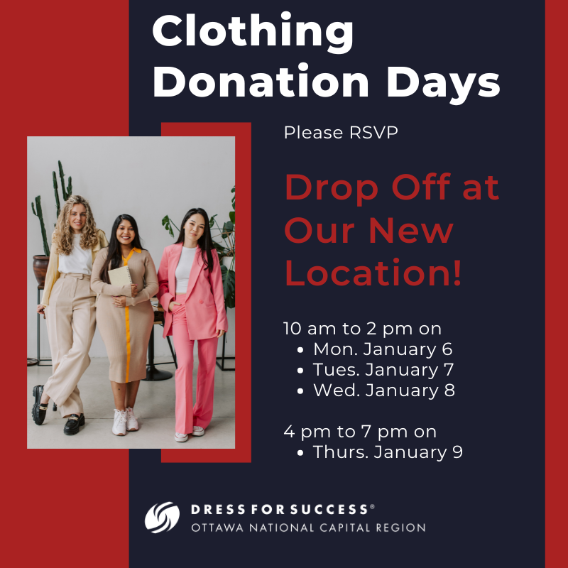 To prepare us to welcome clients to our new space, we're having a special Clothing Donation Week! From January 6 to 9, we'll be accepting donations of clothes, shoes and accessories at our new space (1620 Scott Street, Suite P100).

RSVP here: forms.gle/ZGXBsxA13gfB3T…

#DFSOttawa