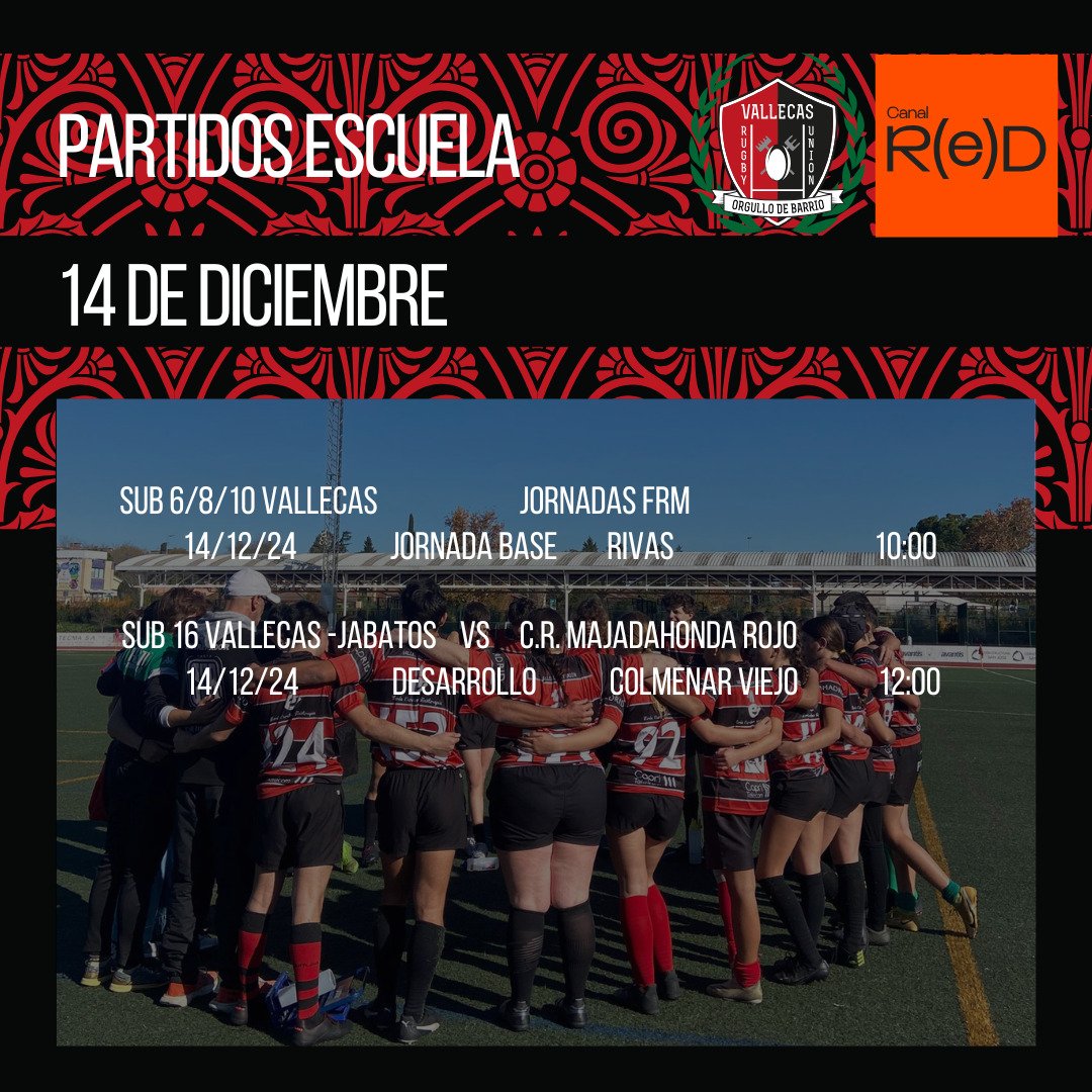 VallecasRU's tweet photo. Horarios de nuestra escuela mas #VRUtal
🖤S6,S8,S10. Jornada @RugbyMadrid
🏟 Rivas
📆 Sábado 14, 10:00
❤️S16 junto a @JabatosRugby vs @CRMajadahonda
🏟 Colmenar Viejo
📆 Sábado 14, 12:00 https://t.co/qQjfZ04qHX