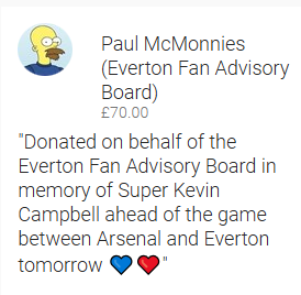 EFC_FanAdvisory's tweet photo. Ahead of tomorrow's @Arsenal vs @Everton #ARSEVE game we've made a donation to the Kevin Campbell Foundation @KJCfoundation in memory of SuperKev.  

We encourage our fellow fans/groups to donate if possible (and please share regardless)

#RIPSuperKev💙❤️

https://t.co/kWafLu7iEv https://t.co/pVUoOMThs4