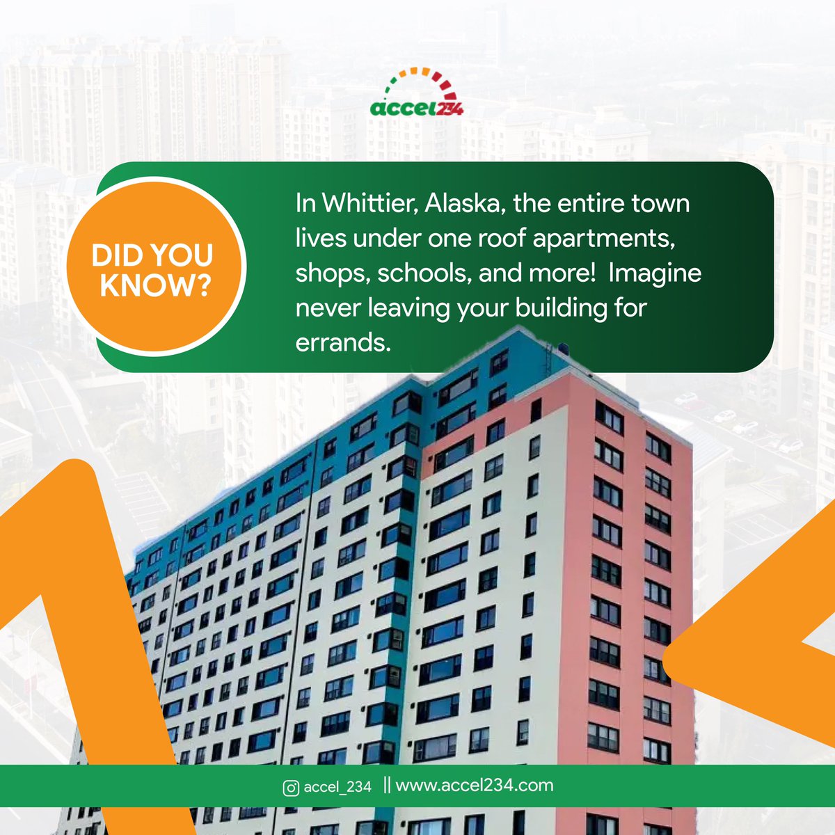 Accel234's tweet photo. Did you know? 

In Whittier, Alaska, an entire town lives under one roof! From apartments to shops, schools, and more, everything you need is just a few steps away. Imagine running all your errands without stepping outside! https://t.co/YuThuGm5iH