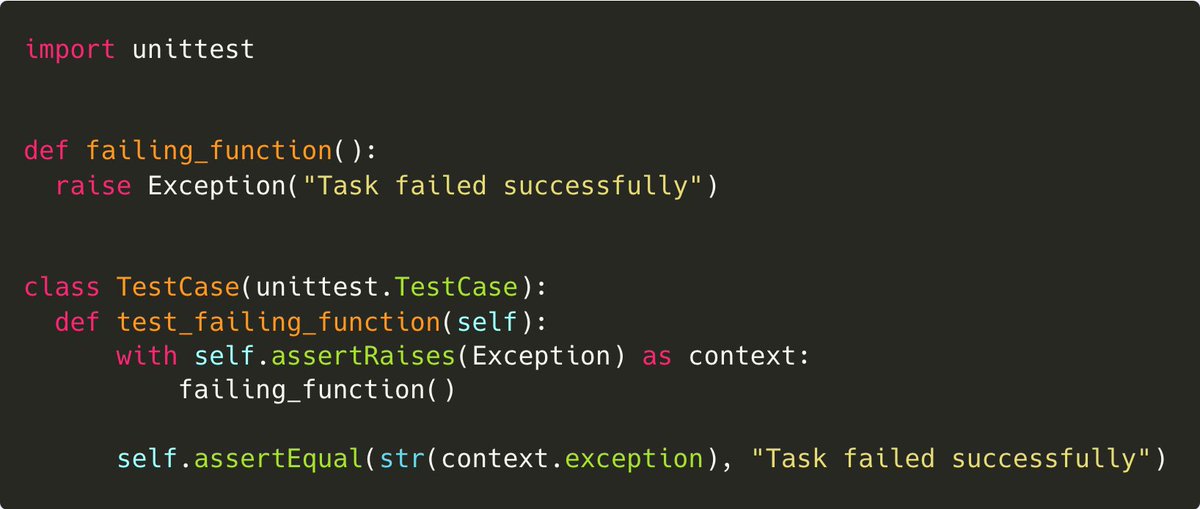 #TIL: Asserting that an exception is raised AND that the exception message contains a string can be done with this:

#Python #unittest