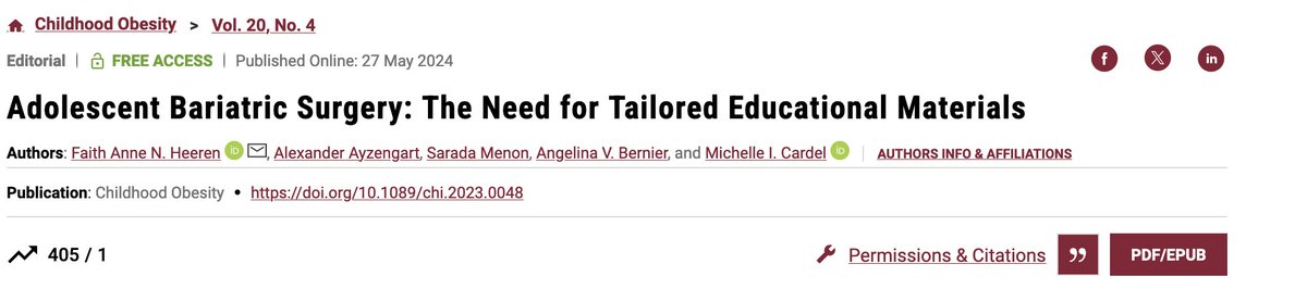 Childhood Obesity (@childobesity_jn) on Twitter photo As the year comes to a close, we'd like to acknowledge the most downloaded papers from 2024.
This article was the second most downloaded article of the year with 405 downloads.
<a href="/drfaithhh_anne/">Faith Anne Heeren, PhD</a> <a href="/MichelleCardel/">Michelle Cardel, PhD, MS, RD</a>
liebertpub.com/doi/full/10.10… As the year comes to a close, we'd like to acknowledge the most downloaded papers from 2024.
This article was the second most downloaded article of the year with 405 downloads.
<a href="/drfaithhh_anne/">Faith Anne Heeren, PhD</a> <a href="/MichelleCardel/">Michelle Cardel, PhD, MS, RD</a>
liebertpub.com/doi/full/10.10…