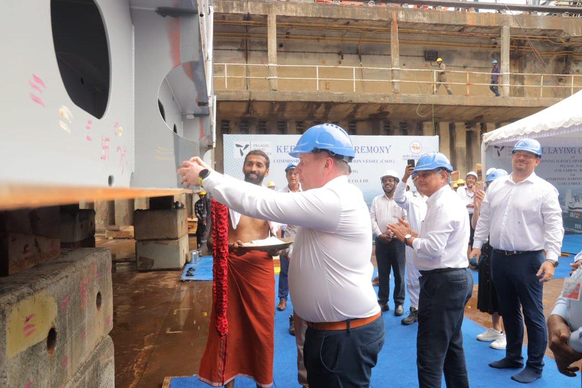cslcochin's tweet photo. The keel laying of ‘Pelagic Walu’  Methanol Ready Commissioning Service Operation Vessel was done by Mr Andre Groeneweld, CEO, Pelagic Wind Services Ltd., Cyprus in presence of CSL officials, at CSL Kochi Yard. #sustainable 
#Alternatefuels https://t.co/QF7cXY60Uh