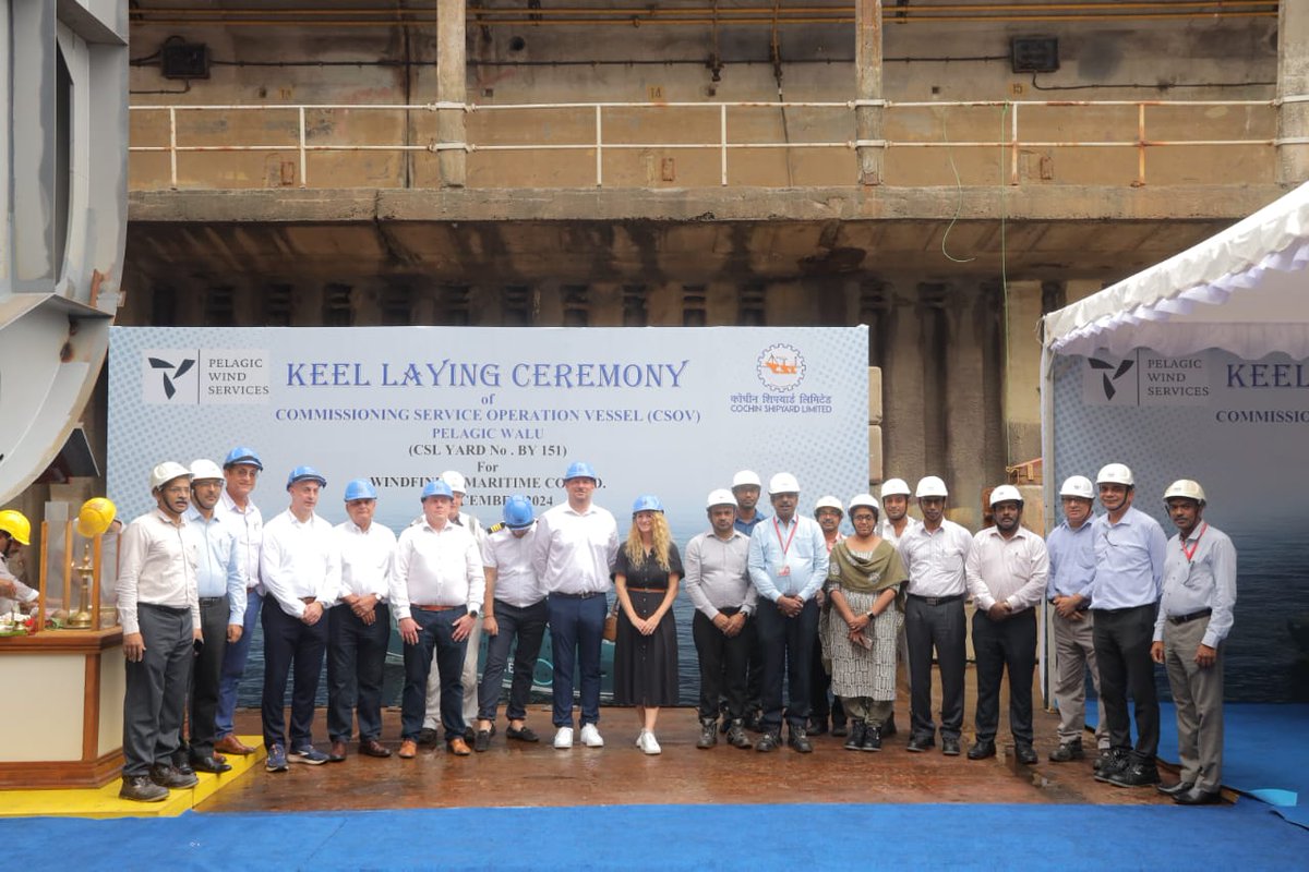 cslcochin's tweet photo. The keel laying of ‘Pelagic Walu’  Methanol Ready Commissioning Service Operation Vessel was done by Mr Andre Groeneweld, CEO, Pelagic Wind Services Ltd., Cyprus in presence of CSL officials, at CSL Kochi Yard. #sustainable 
#Alternatefuels https://t.co/QF7cXY60Uh