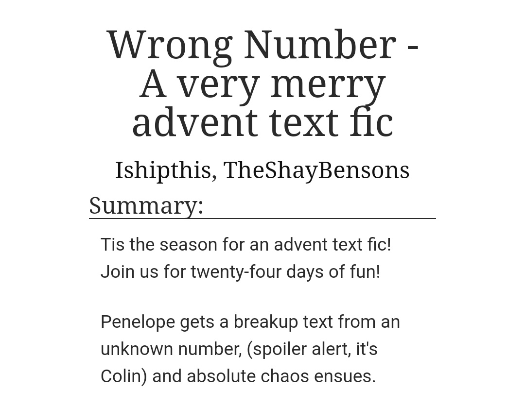 polinsoliloquy's tweet photo. ❄️ Wrong Number - A very very merry advent text fic
by: Ishipthis, TheShayBensons

🔗:https://t.co/weXzUG07Vn https://t.co/pKeM2pPO4O