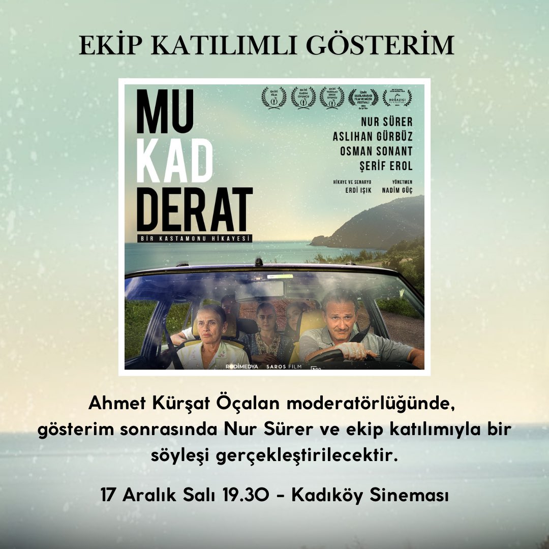 Ahmet Kürşat Öçalan moderatörlüğünde, gösterim sonrasında Nur Sürer ve ekip katılımıyla bir söyleşi gerçekleştirilecektir.

Adres ve saat bilgileri; 
17 Aralık Salı 19.30 - Kadıköy Sineması