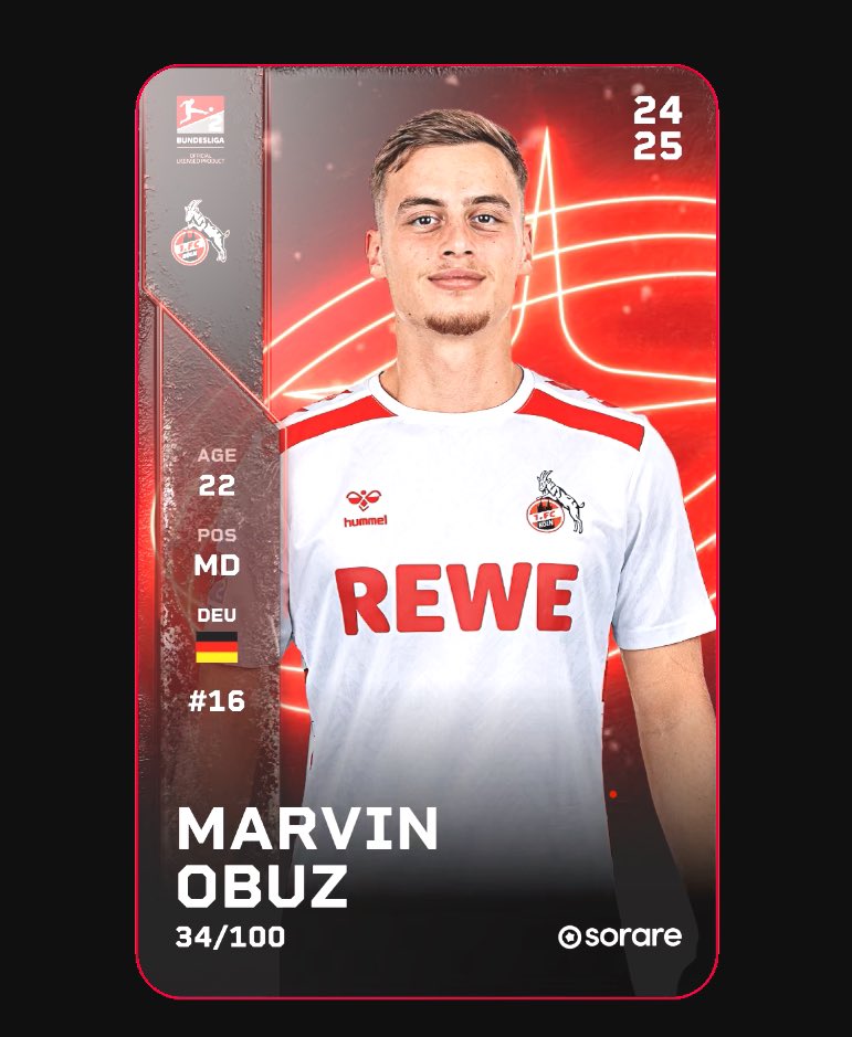 Time for another Sorare giveaway 🎁

This time I‘m sending one of you the rare card of Köln‘s U23 Talent Marvin Obuz! 

1️⃣ Like + Repost
2️⃣ Follow me <a href="/fiago7/">𝗙𝗜𝗔𝗚𝗢</a> 
3️⃣ Comment your Sorare name

That’s it. I will announce the winner tomorrow at 4PM CET. Good luck ☘️