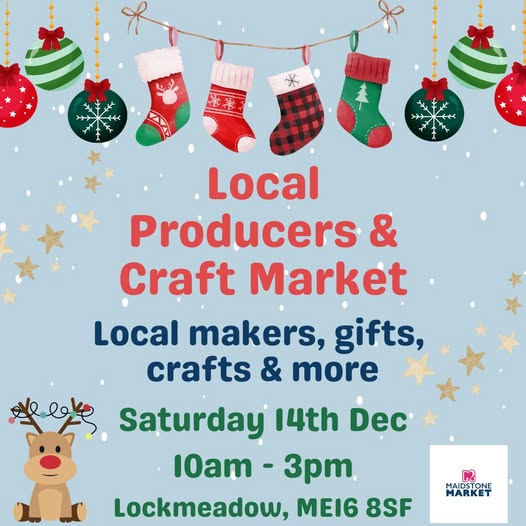 Big day Saturday 14 December, in addition to our weekly General Market 7:30am to 1:00pm, we have an Indoor Boot Fair in our Market Hall (ME16 8LW) 8:00am to 1:00pm and our Christmas Craft Market in Lockmeadow Food Court 10:00am to 3:00pm. All events are free entry to the public.