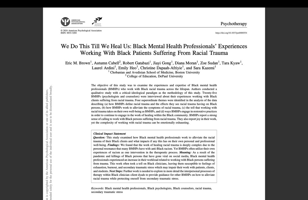 emb1865's tweet photo. Our latest publication on the experience of Black mental health professionals experiences with healing the racial trauma of Black clients. #BlackTherapist #RacialTrauma @dralcabell https://t.co/7dOaUT94wQ