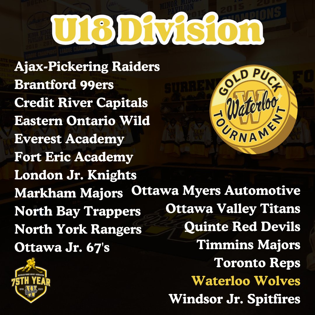 The annual Waterloo Gold Puck Tournament kicks off today! 

32 U16 and U18 AAA teams are in town to compete for the title. 

Get out to RIM, Albert McCormick the Waterloo Memorial Recreation Complex to catch some great hockey!