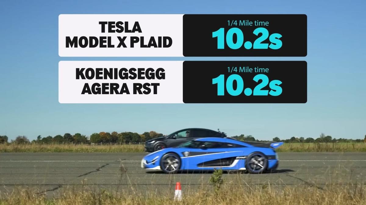 CryptoMilox's tweet image. In a stunning drag race, the $4.5M Koenigsegg Agera RST goes head-to-head with the Tesla Model X Plaid, proving that even hypercars can meet their match. Speed and innovation collide! #AgeraRST #ModelXPlaid #HypercarShowdown