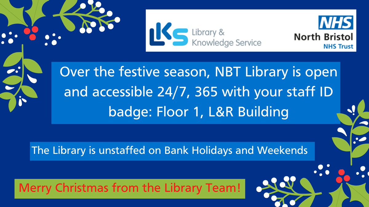 NBT Library and Knowledge Service (@nbt_library) on Twitter photo NBT staff! Your library is always open! But, you may see less staff over the festive week 🎄🎅🎁☃️❄️
<a href="/PandTNBT/">People Team at NBT</a> <a href="/NmskNbt/">NMSK at North Bristol Trust</a> <a href="/NSnahper/">NBT_SNAHPer</a> <a href="/MedicineNbt/">MedicineNBT</a>
<a href="/NBT_QSIT/">Quality Safety Improvement Team</a> <a href="/NBTWomenNetwork/">North Bristol Trust Women's Staff Network</a> <a href="/ResearchNBT/">Research at North Bristol NHS Trust</a>
<a href="/EducationNBT/">ClinicalEducationNBT</a> <a href="/ASCRnbt/">AwesomeASCR</a> NBT staff! Your library is always open! But, you may see less staff over the festive week 🎄🎅🎁☃️❄️
<a href="/PandTNBT/">People Team at NBT</a> <a href="/NmskNbt/">NMSK at North Bristol Trust</a> <a href="/NSnahper/">NBT_SNAHPer</a> <a href="/MedicineNbt/">MedicineNBT</a>
<a href="/NBT_QSIT/">Quality Safety Improvement Team</a> <a href="/NBTWomenNetwork/">North Bristol Trust Women's Staff Network</a> <a href="/ResearchNBT/">Research at North Bristol NHS Trust</a>
<a href="/EducationNBT/">ClinicalEducationNBT</a> <a href="/ASCRnbt/">AwesomeASCR</a>
