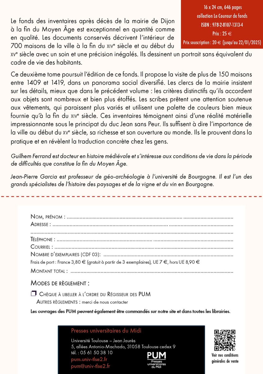 📜 A paraître : le 2ᵉ tome des Inventaires après décès de Dijon (1390-1459) explore la vie quotidienne de 150 foyers entre 1409 et 1419.
Richesse des détails, objets, vêtements, et témoignages vibrants d’une ville florissante sous Jean sans Peur.
📚 À lire !
#MoyenÂge #Dijon