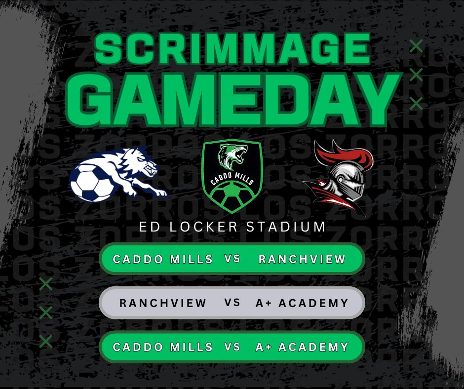 Caddo Mills Soccer (@cmhsfoxsoccer) on Twitter photo 🚨Scrimmage Game Day🚨
⚽️ Caddo Mills vs. Ranchview (4:30)
⚽️ Ranchview vs. A+ Academy (6:00)
⚽️ Caddo Mills vs. A+ Academy (7:15)
🏟 Ed Locker Stadium
📍 Caddo Mills
<a href="/KodiCrane/">Kodi Crane</a> <a href="/luke__allison/">Luke Allison</a> <a href="/LethalSoccer/">Coach Duque</a> <a href="/CaddoClub/">Caddo Mills Athletic Booster Club</a> <a href="/CaddoMillsHS/">Caddo Mills HS</a> 🚨Scrimmage Game Day🚨
⚽️ Caddo Mills vs. Ranchview (4:30)
⚽️ Ranchview vs. A+ Academy (6:00)
⚽️ Caddo Mills vs. A+ Academy (7:15)
🏟 Ed Locker Stadium
📍 Caddo Mills
<a href="/KodiCrane/">Kodi Crane</a> <a href="/luke__allison/">Luke Allison</a> <a href="/LethalSoccer/">Coach Duque</a> <a href="/CaddoClub/">Caddo Mills Athletic Booster Club</a> <a href="/CaddoMillsHS/">Caddo Mills HS</a>