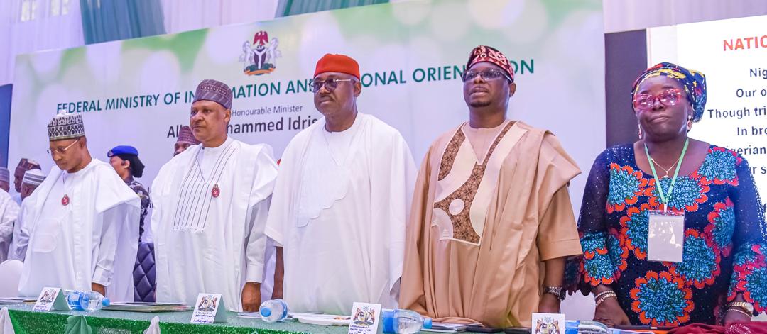 L-R: Kaduna State Governor, Senator Uba Sani; Minister of Information and National Orientation, Mohammed Idris; Chairman, Senate Committee on Information and National Orientation, Senator Kenneth Eze; Chairman House Committee on Information, National Orientation, Ethics, and Values, Hon. Olusola Steve Fatoba and the Director overseeing the office of the Permanent Secretary, Federal Ministry of Information and National Orientation, Mrs. Comfort Ajiboye at the 48th National Council of Information and National Orientation in Kaduna on Friday (Pic: FMINO)
