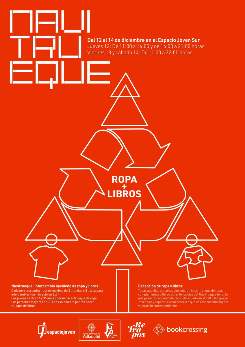 Espacio Joven Sur (@ejovensurva) on Twitter photo Hasta el 14 DIC participa en #Navitrueque: intercambio navideño de ropa y libros en el <a href="/ejovensurVA/">Espacio Joven Sur</a> Viernes 13 y sábado 14 de 11 a 22h.
Consta de ReTrapos + bookcrossing, nuestros servicios de intercambio de ropa, complementos y libros.
Toda la INFO:
espaciojovensur.org/agenda/navitru… Hasta el 14 DIC participa en #Navitrueque: intercambio navideño de ropa y libros en el <a href="/ejovensurVA/">Espacio Joven Sur</a> Viernes 13 y sábado 14 de 11 a 22h.
Consta de ReTrapos + bookcrossing, nuestros servicios de intercambio de ropa, complementos y libros.
Toda la INFO:
espaciojovensur.org/agenda/navitru…
