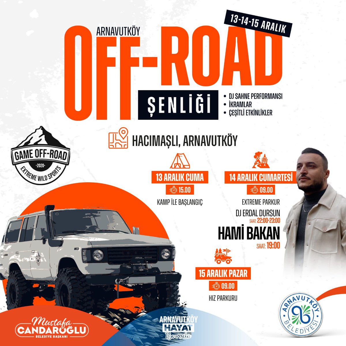 mcandaroglutr's tweet photo. "Arnavutköy Off-Road Şenliği"

Heyecanı doruklarda yaşamak isteyen tüm komşularımızı Arnavutköy Off-Road Şenliği’ne davet ediyorum. 🚙💨
Zorlu parkurlar, adrenalin dolu yarışlar ve unutulmaz bir hafta sonu sizleri bekliyor.

Bu eşsiz deneyime ortak olmak ve Arnavutköy’ün enerjisini hissetmek için yerinizi alın!

Not: Belediyemizin servis araçları Arnavutköy Merkez Cami önünden Cumartesi ve Pazar günleri saat 10.00 ve 14.00 te hareket edip Hacımaşlı off road etkinlik alanına gidecektir.

📅 13-15 Aralık
📍 Hacımaşlı

#ArnavutköyHayatBurada #OffRoadŞenliği