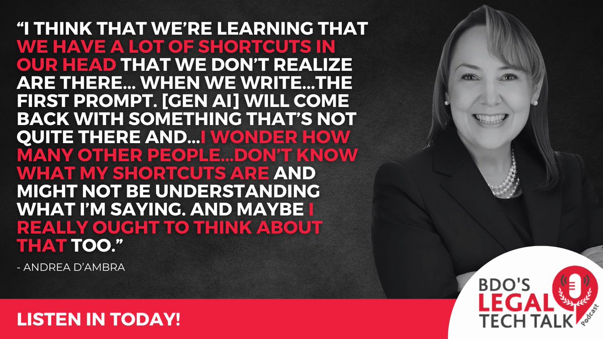 Here’s why you need to listen to the latest <a href="/BDO_USA/">BDO USA</a>  Legal Tech Talk episode with Andrea L. D’Ambra, Partner <a href="/NCompWorld/">NortonRoseFulbright</a>:
🔹 #GenAI is reshaping legal practice
🔹 Navy leadership lessons
🔹 Bridging gaps between tech &amp; human behavior
🎙️ Listen here: tinyurl.com/bdolttnrf