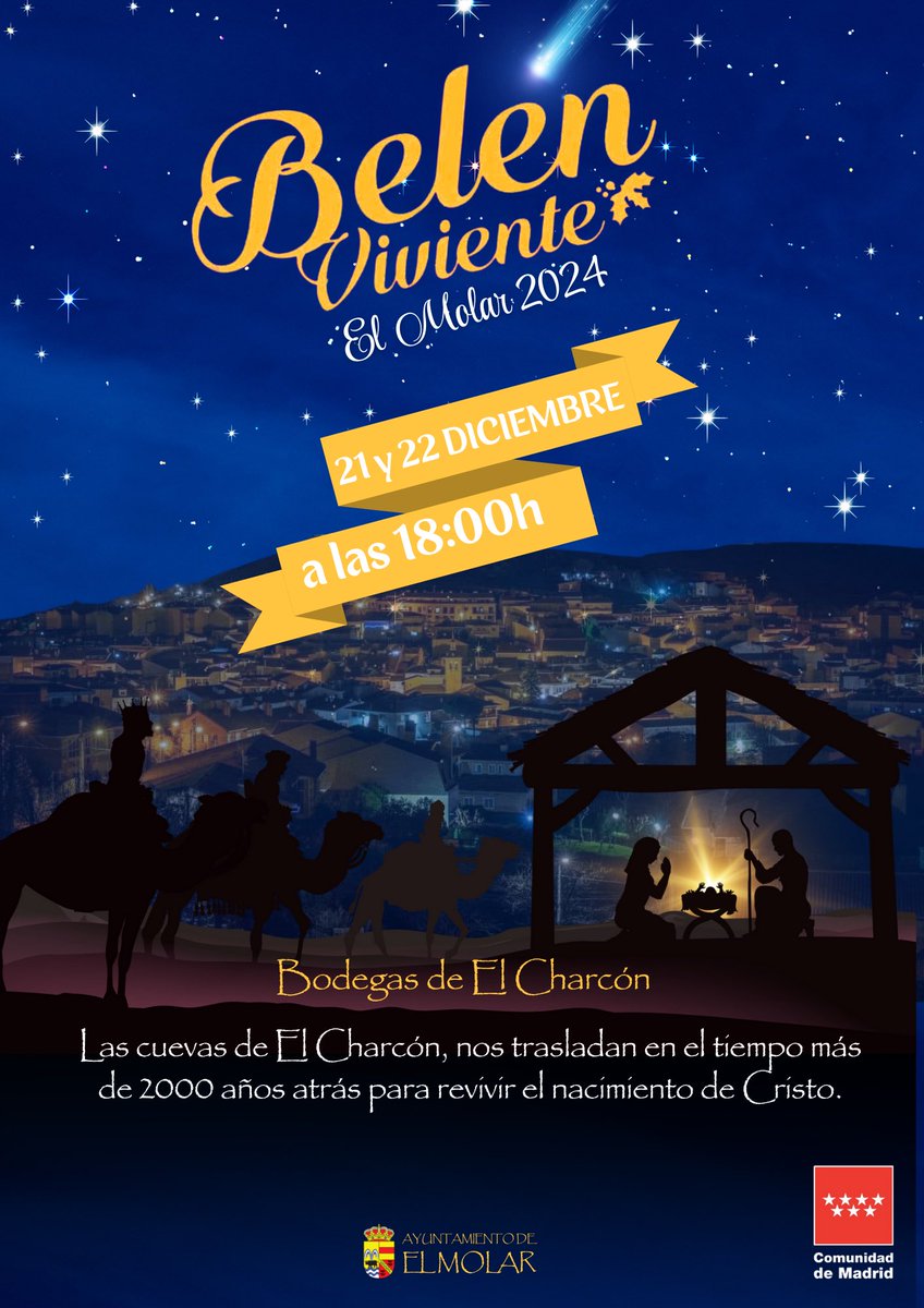 Belén Viviente en las bodegas de "El
Charcón" en El Molar

⏰sábado 21 de diciembre de 18:00-22:00h

⏰domingo 22 de diciembre de 18:00-21:00h

¡¡Este año habrá una fila única, por lo que NO es necesario que se adquieran entradas!!
