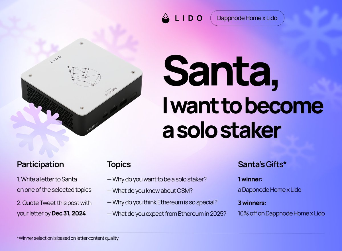 LidoFinance's tweet photo. Christmas is coming 🎅🎄

It’s time to spread the holiday cheer with the Ethereum and Lido community.

Write a heartfelt letter to Santa, and you could win a Dappnode Home x Lido. 

Here's how to join 👇 https://t.co/79rYpTctSm