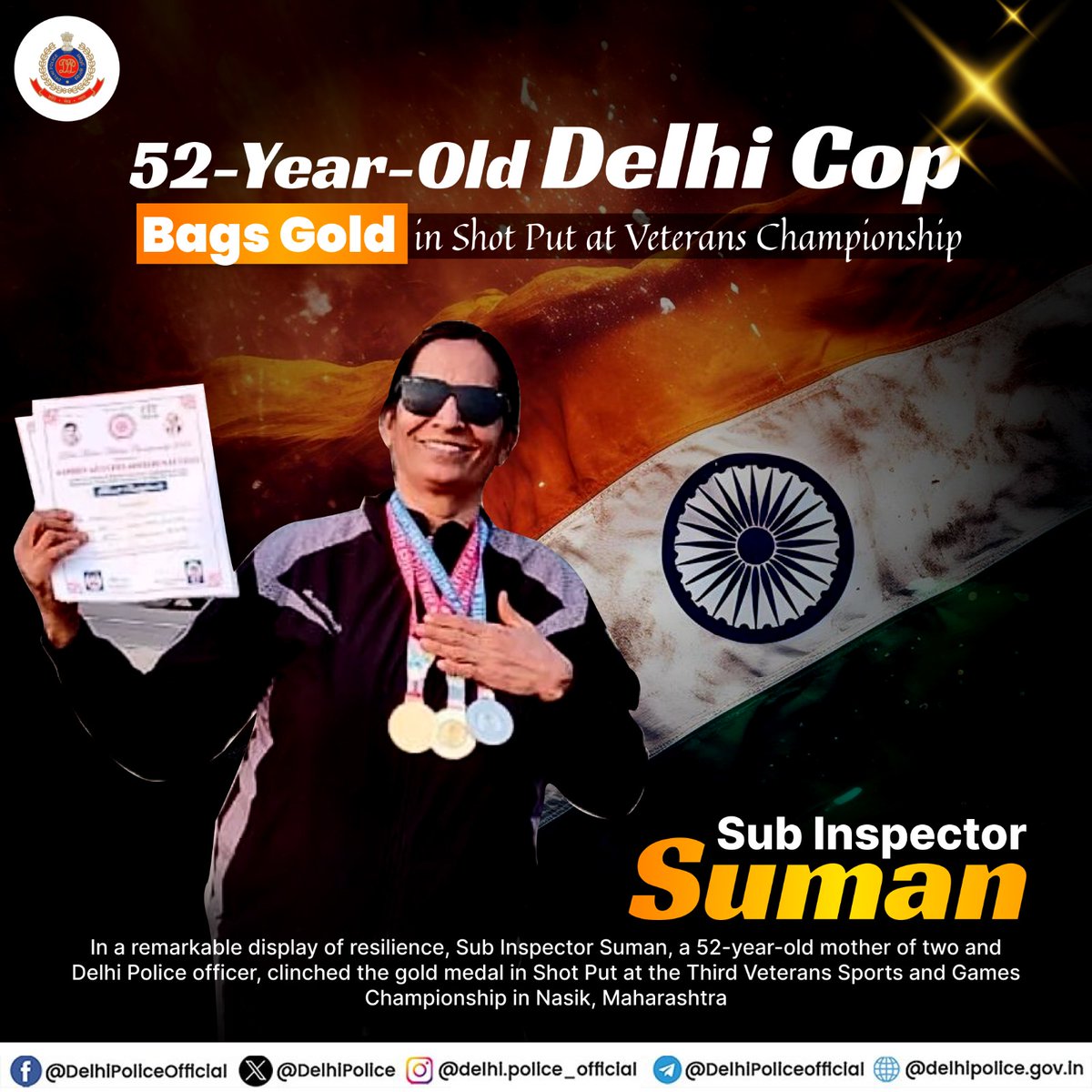 DelhiPolice's tweet photo. Age is just a number! 
🏅 52-year-old Delhi cop, Sub Inspector Suman, proves that strength knows no bounds as she bags gold in Shot Put at the Veterans Championship! 

#Goldmedal #DelhiPolice https://t.co/bpRPBbQRku