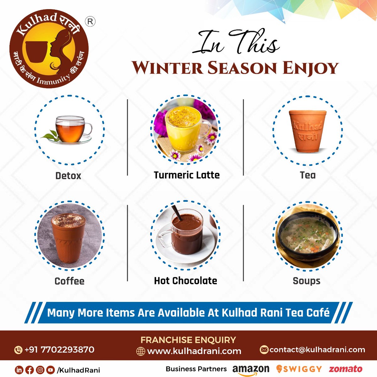 SamratShreeMah1's tweet photo. In this #Winter season #enjoy hot Cup of our popular #beverages ☕🍵at #KulhadRaniTeaCafe.
#Tea
#Coffee
#Soup
#Detox
#HotChocolate
#TurmericLatte .....etc
Instagram👇:
https://t.co/jNVVbhp1FH
.
#KulhadRani #Lovekulhadrani #HappyTimes #Winterseason #startYourOwnBusiness #India https://t.co/qQXhy18sNR