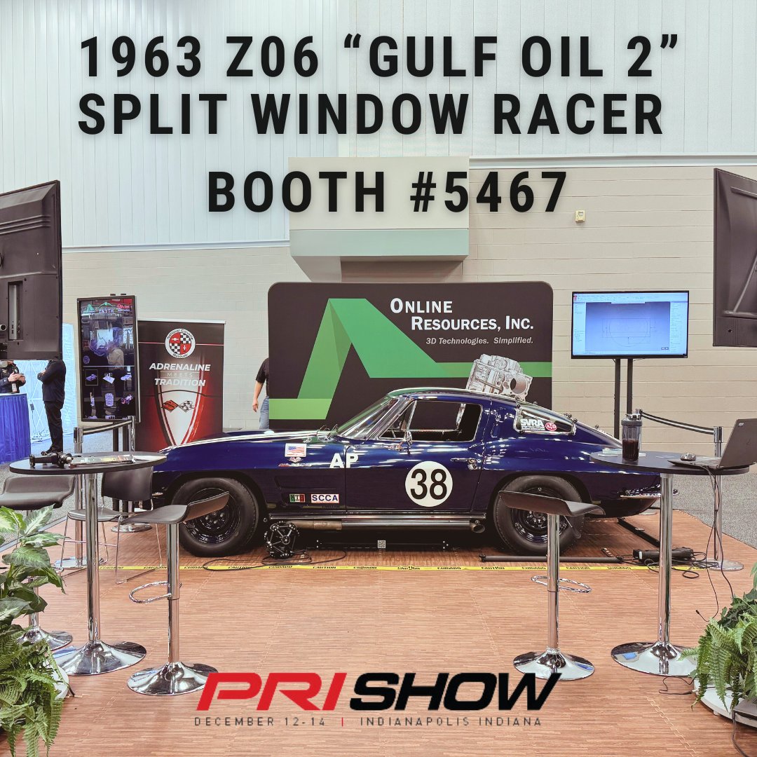 ORI3dtech's tweet image. Things are heating up at #PRI2024! @ORI3dtech  is leading the way in 3D tech, helping teams design &amp;amp; inspect precision parts with 3D scanning. Stop by Booth #5467 to see the 1963 Z06 "Gulf Oil 2" Split Window Racer, on loan from @corvettemuseum ! 🚗 #3D #LaserFocused #Performance