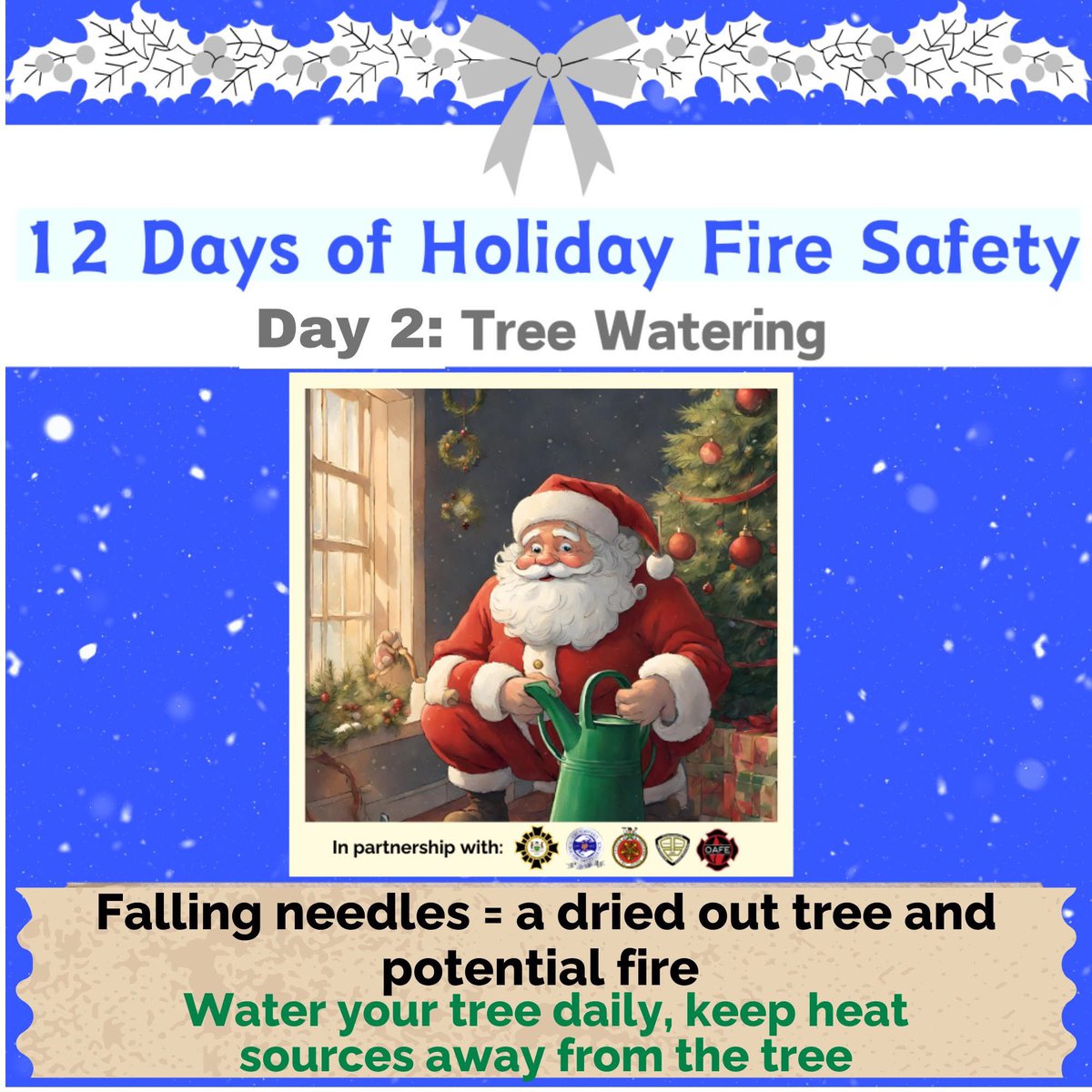 Today's Holiday Fire Safety Tip focuses on Christmas tree watering. 

🎄 A dry tree with falling needles is a fire waiting to happen.
🎄 Water your tree daily to keep it fresh and safe.
🎄 Keep heat sources like furnace vents and non-LED lights away from the tree.