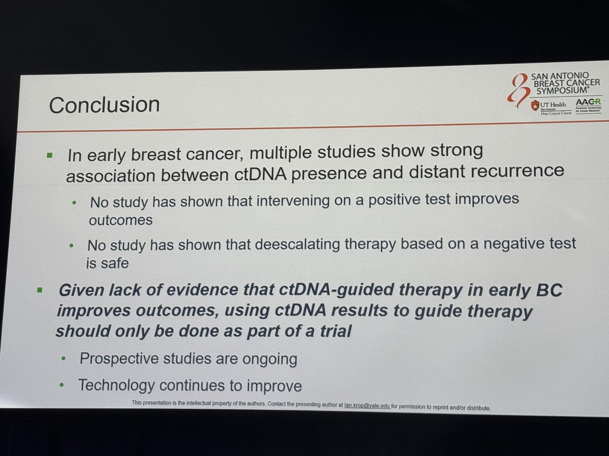 Dr. Krop emphasizes we don't have the data in #bcsm that the GI literature does for MRD.

🛑 Shouldn't order tests (outside of a clinical trial) without clear actions to take based on results. 

❓Will outcomes be changed in ctDNA+? Unsure. 

#SABCS24
<a href="/SABCSSanAntonio/">SABCS</a> 
<a href="/OncoAlert/">OncoAlert</a>