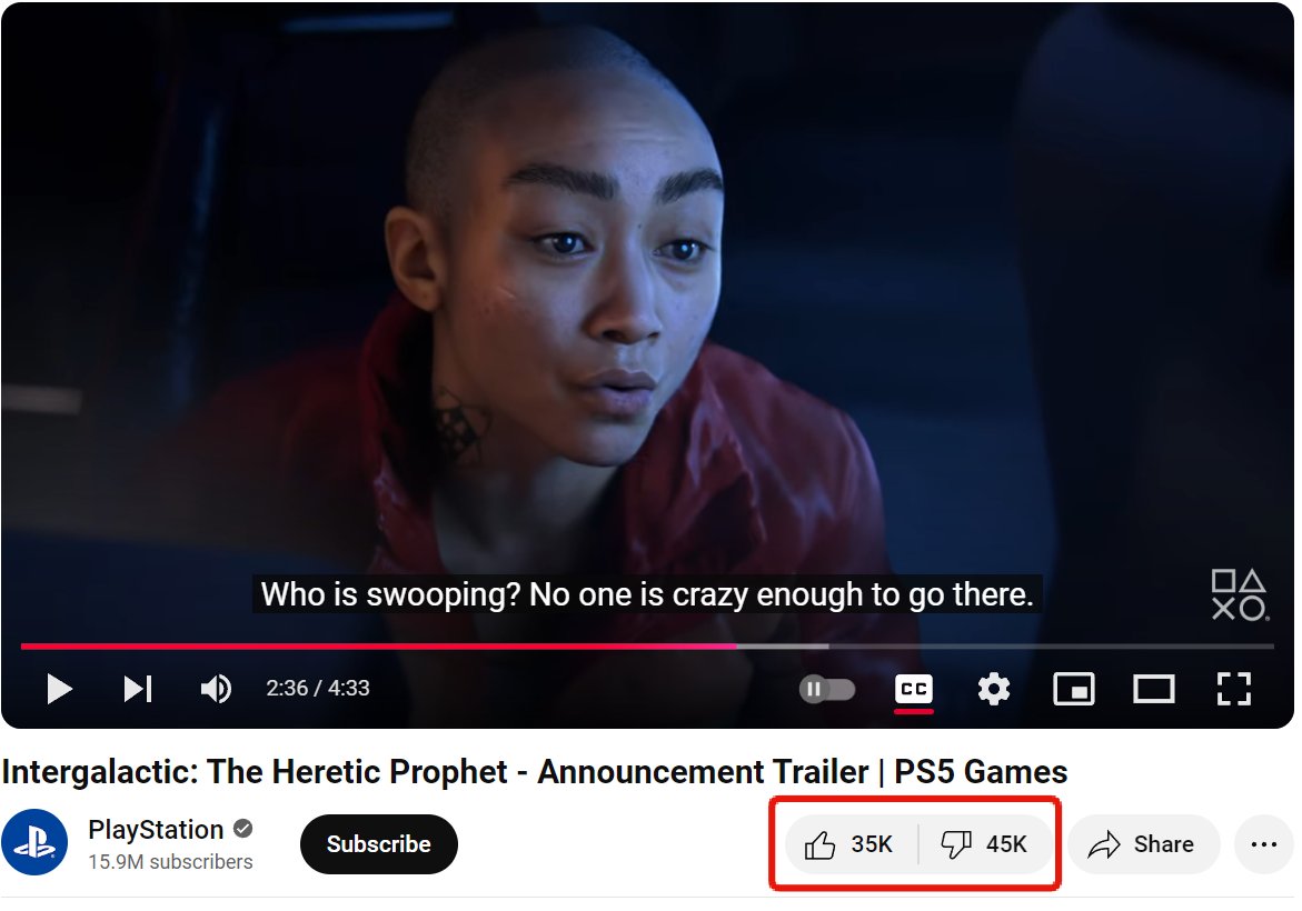 Grummz's tweet image. Naughty Dog's Intergalactic is getting ratio'd on both the Playstation and Naughty Dog trailer postings. 45k and 35k dislikes.

The entire trailer is two masculine girl-bosses talking about some guy they either don't like, have to rescue, or both.

Storyline right out of the…