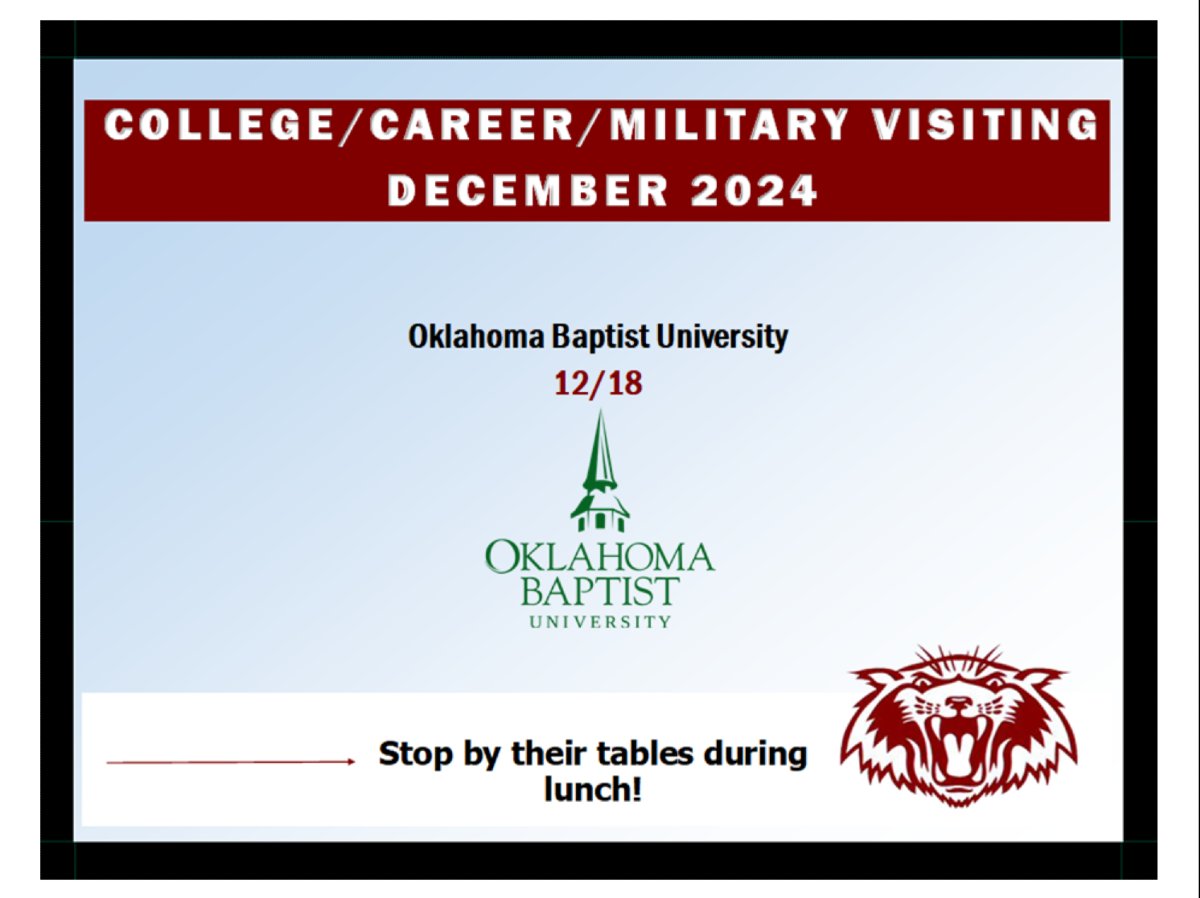 📚🎓 Oklahoma Baptist University is visiting on 12/18! Stop by their table during lunch to learn about their programs and opportunities. Don’t miss out! #CollegeVisit #FuturePlans