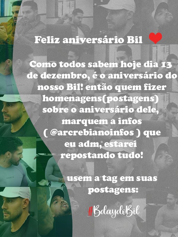 InfosArcrebiano's tweet photo. Hoje o dia será todinho de homenagens a ele, nosso papis @bilaraujjo ! Que você aproveite bastante o seu dia. E aos #TeamBil quem postar homenagens ao aniversário dele, marquem a infos aqui, para que eu possa estar repostando tudo! #BdaydoBil 🥳🎉 https://t.co/ezSxgJ8fiA