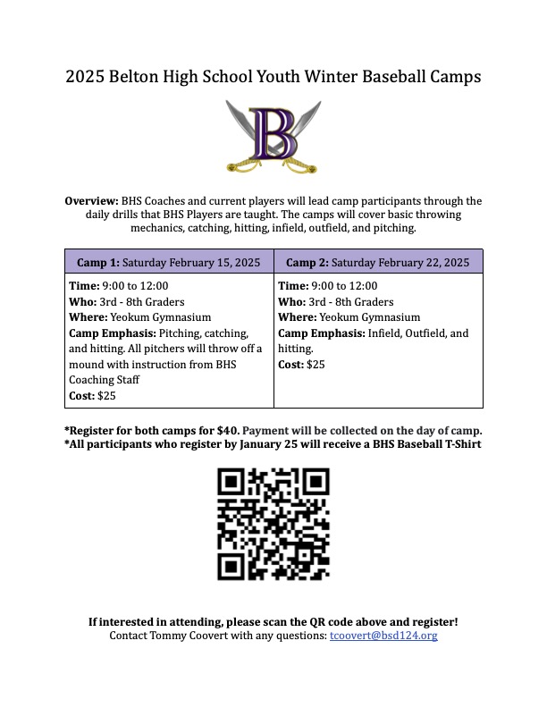 BHS Baseball will be hosting our 3rd annual youth baseball camps this February. See details and registration information below!