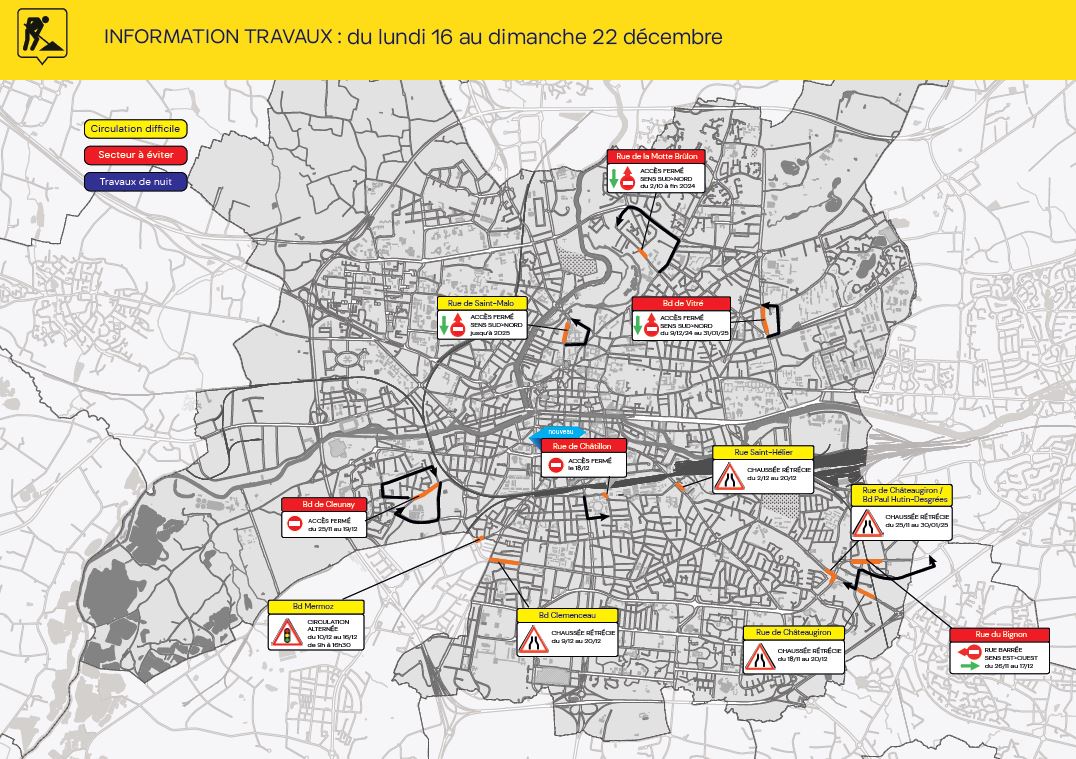🟢[Circuler à #Rennes du 16 au 22 décembre]
Une semaine plus calme pour les travaux
Toute les infos sur les travaux > travaux.rennesmetropole.fr/meteo-travaux/