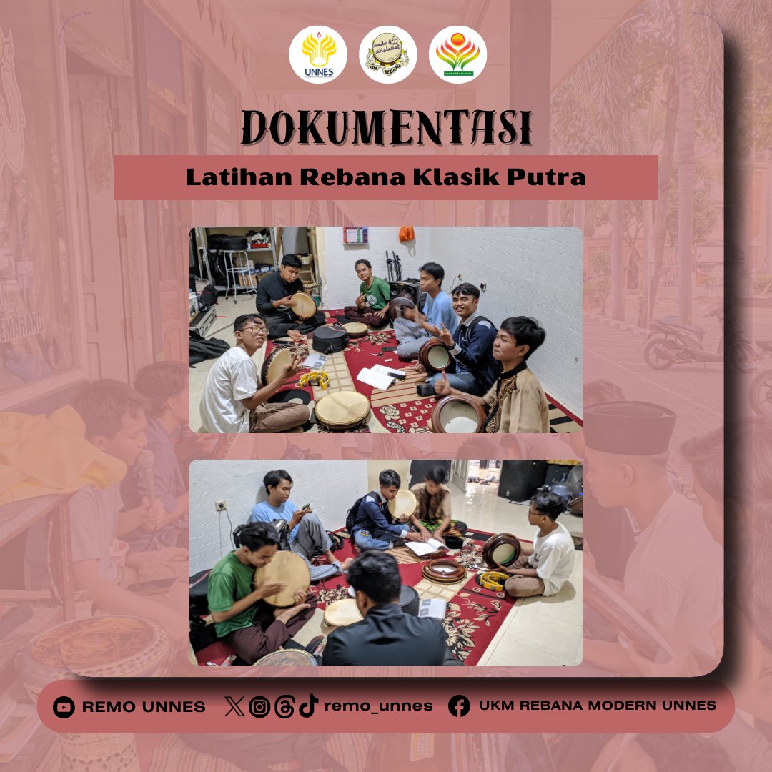 remo_unnes's tweet photo. Latihan rutin klasik putra UKM Remo UNNES telah dilaksanakan pada:

🗓 : Setiap hari Senin &amp; Jumat
⏰ : 16.00 WIB - Selesai
📍 : UKM Remo (samping MUA)

#LatihanRebanaKlasik
#UKMRebanaModernUNNES
#CintaIndonesiaCintaSholawat https://t.co/1VAyEuOebI