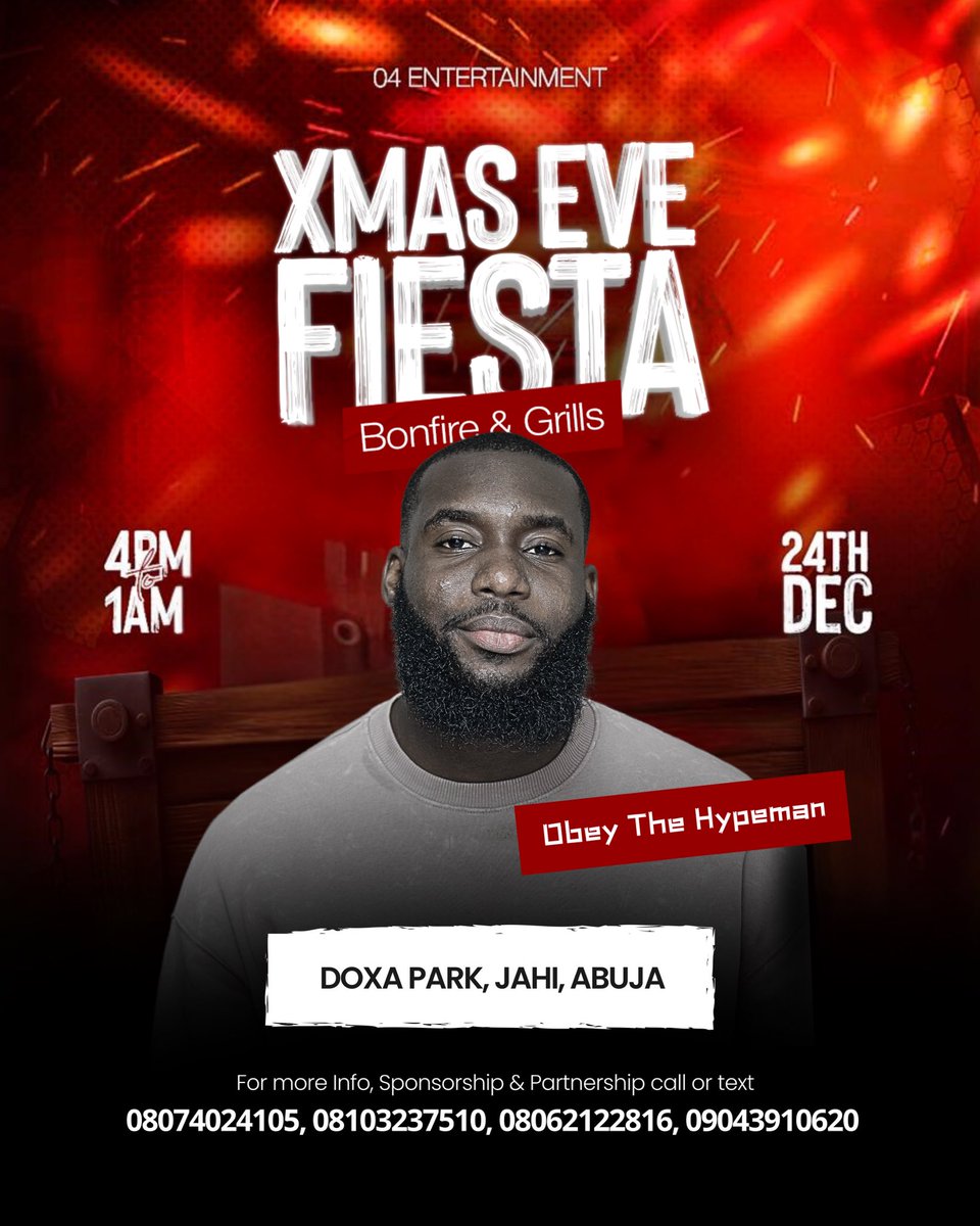 WealthyEmy's tweet photo. In our quest to give The CAPITAL city the PARTY of the century, We are pleased to announce @ogtheenergee, @obeythehypman @HypeQueenJoJo as our TOP Hype Headliners for #XmasEveFiesta 🍾🥳🔥
It's about to be a movie!!! https://t.co/7rd9rziNnq