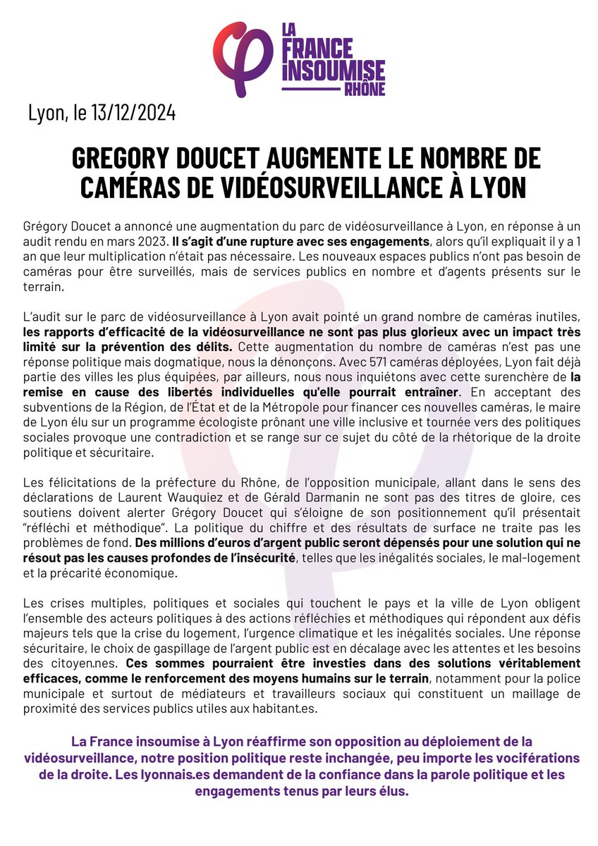 🔴Augmentation du nombre de caméras de vidéosurveillance à Lyon : La France Insoumise à Lyon s'y oppose ! 

Retrouvez notre communiqué ⬇️