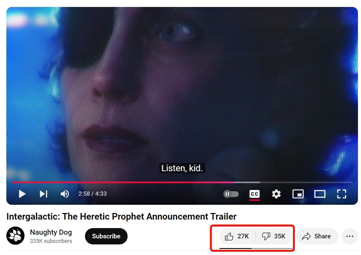 Grummz's tweet image. Naughty Dog's Intergalactic is getting ratio'd on both the Playstation and Naughty Dog trailer postings. 45k and 35k dislikes.

The entire trailer is two masculine girl-bosses talking about some guy they either don't like, have to rescue, or both.

Storyline right out of the…