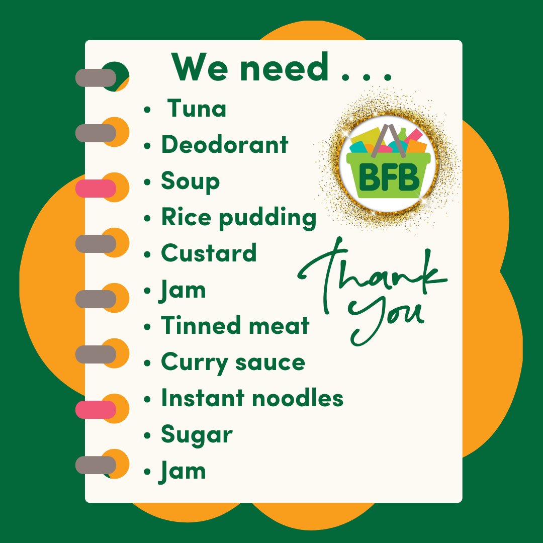 BassetlawB's tweet photo. Please share!

At the moment we need the following donations:

Tuna
Deodorant 
Soup
Rice pudding
Custard
Jam
Tinned meat (e.g. chicken in white sauce or Bolognese)
Curry sauce
Instant noodles
Sugar
Jam

Thank you!

#bassetlawfoodbank #foodbank #bassetlaw #fridaywishlist #thankyou https://t.co/u4mDLz2IlH