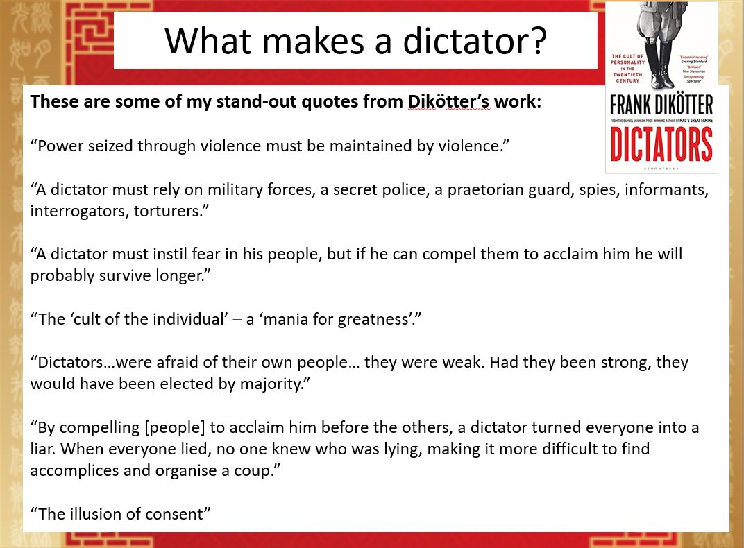 Great work from Y13. They had to read a chapter from Dikotter's book on Dictators and identify key characteristics and traits. The word clouds created by two different classes show the similarities found. Reading scholarship in history is excellent for contextual knowledge!