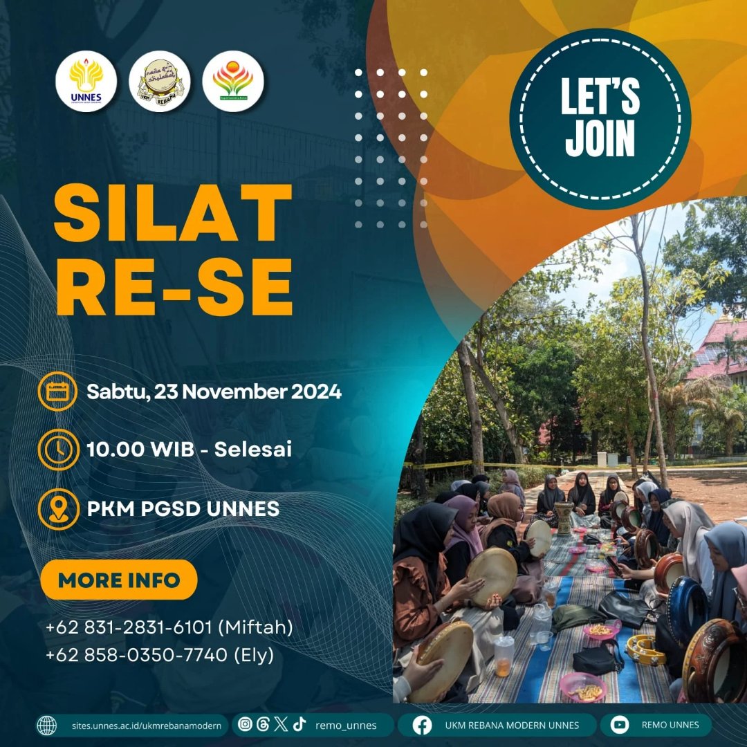 remo_unnes's tweet photo. SILAT RE-SE [Silaturahmi Remo Sekaran] 

🗓 : Sabtu, 23 November 2024
🕘 : 10.00 - Selesai
📍 : PKM Remo Cabang PGSD(Gedung Gatotkaca)

#SilatRe-Se
#DivisiPelatihanDanPengembangan2024
#Kabinet_AngudiTambahingBerkah
#UKMRebanaModernUNNES
#CintaIndonesiaCintaSholawat https://t.co/4TvRAHGlv7